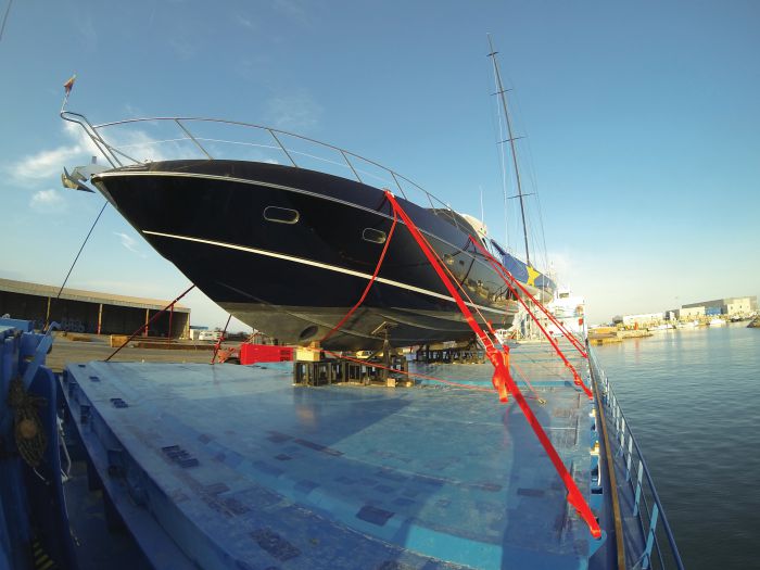 Yacht Secured with Cordlash on Board Cargo Ship Cargo Restraint Systems Pty Ltd
