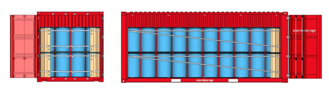Securing Plastic Drums in 20ft Container with CornerLash