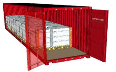 CornerLash securing cardboard boxed pallets in 40ft container