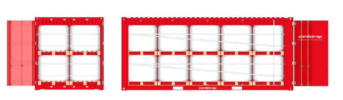 CornerLash with Hangstraps securing bulker bags in 20ft container