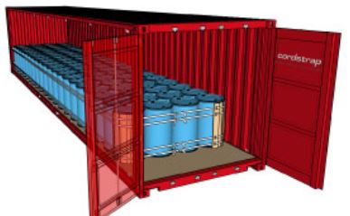 Securing plastic drums in 40ft container with CornerLash