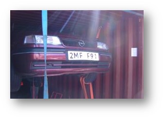 Incorrect way to secure vehicle in shipping container