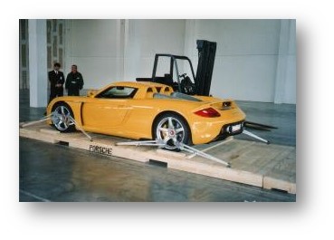 Porsche secured with cordlash for shipping